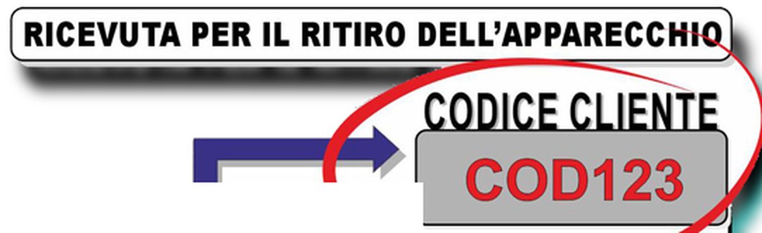 Dettaglio della ricevuta per il ritiro dell'apparecchio: in alto a destra, sotto la scritta CODICE CLIENTE, una freccia indica un riquadro grigio con il codice cerchiato in rosso